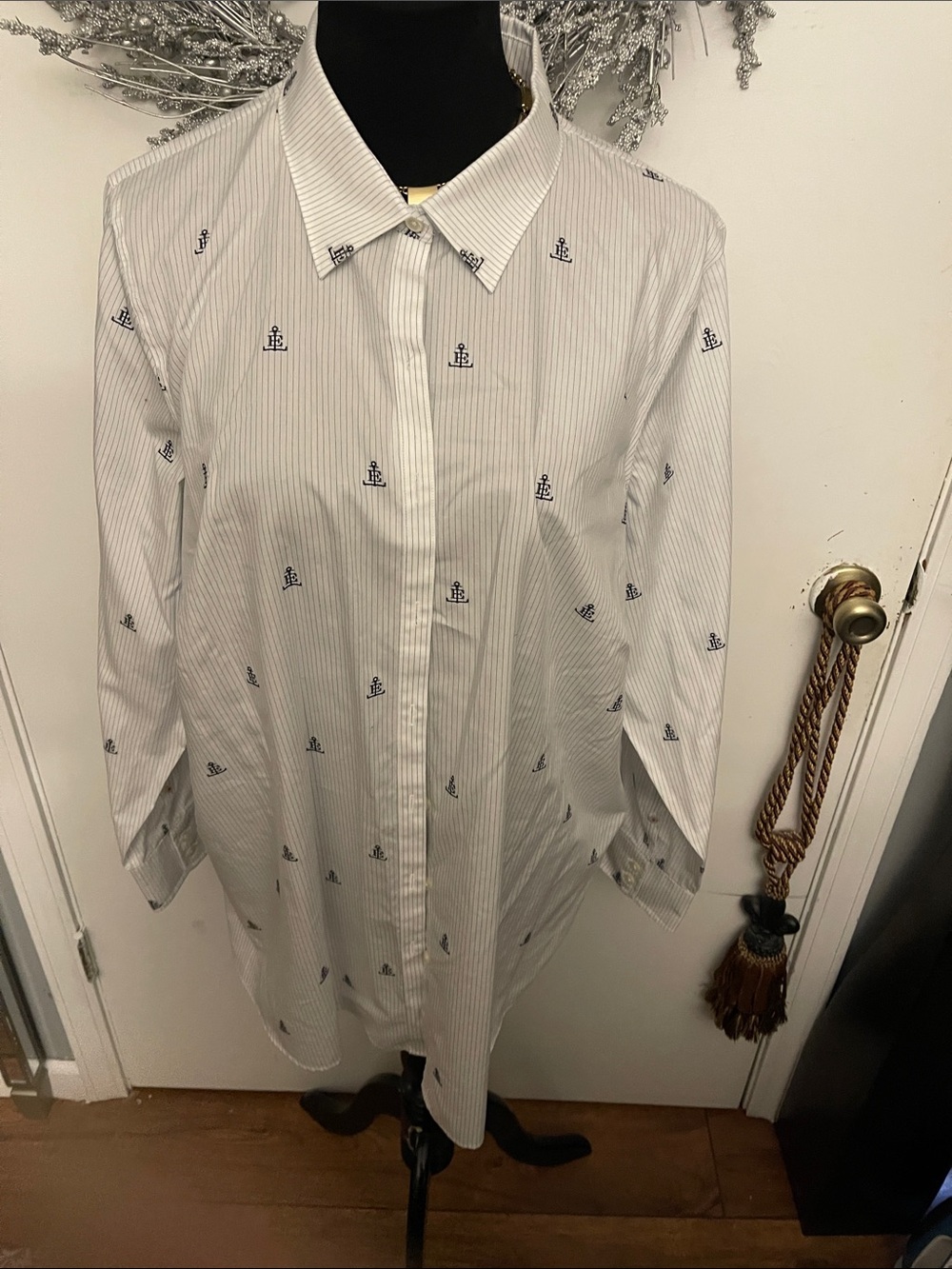 White Pinstripe Button-Up Shirt with Anchor Embroidery - Men
